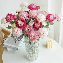 Fleurs décoratives simulation fleur simple branche haut de gamme Flocking 3 tête artificielle pivoines de mariage table de décoration de table de maison