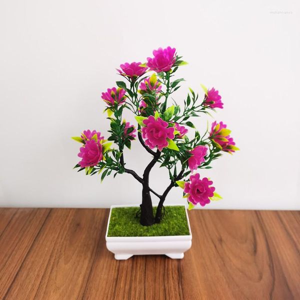 Flores decorativas, planta de simulación, bonsái, rosa, maceta de plástico falsa, decoración de escritorio para el hogar, adornos de árbol de riqueza