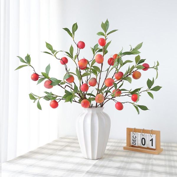 Fleurs décoratives Simulation Prune Branches De Fruits En Plastique Jaune DIY Bouquets De Fleurs Décor À La Maison 84cm Rouge Avec Des Feuilles Vertes