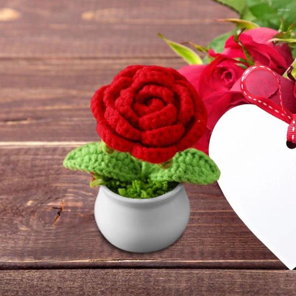 Pot de Simulation de fleurs décoratives, décoration de maison, tissé à la main, fleur de Rose en tricot, bonsaï, Mini plantes en Pot, ornement au Crochet pour