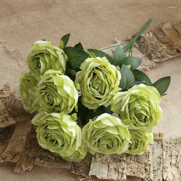 Fleurs décoratives Simulation Roses Bouquet soie jaune vert café thé Table décoration fausse fleur artificielle Melaleuca Rose Bouquets