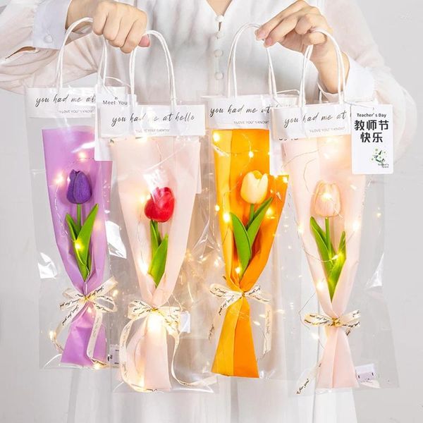 Sac transparent de fleurs décoratives, sac transparent de tulipe unique, Simulation de Bouquet de fleurs en Pu, sacs d'emballage à main, cadeaux créatifs pour la journée de l'enseignant, sac à main d'emballage