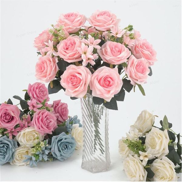 Fleurs décoratives Flocon de neige Roses frisées Bouquet de soie artificielle 2023 Mariage Maison Garden Party Décor Xiangfei Rose Faux Fleur Faux