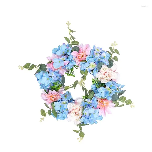 Flores decorativas Primavera 2024 Corona de flores bordadas en azul y rosa Adorno para colgar en la pared de la puerta principal