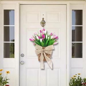 Decoratieve bloemen Leer kunstmatige tulpen patio veranda voordeur hangende mand krans