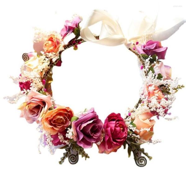 Flores decorativas Spring Bohemian Crowns Beach Hawaii Floral Garland Romántica Faux Rose Coronas de boda de flores Tabla de novia Acceso