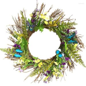 Couronne de fleurs décoratives pour porte de printemps, marguerite d'été avec papillon et feuilles vertes pour décoration murale de mariage