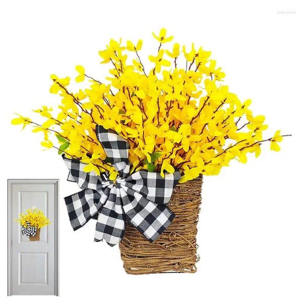 Flores decorativas, coronas de puerta de primavera para decoración de boda de flores falsas delanteras y exteriores con lazo a cuadros para el hogar