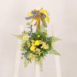 Decoratieve bloemen Spring voordeur kunstmatige krans met plaid dot lint colorfast housewarming cadeau Garland huisdecor