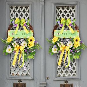 Guirnalda de flores decorativas para primavera, corona con lazo Floral para puerta delantera, decoración de jardín, señal de bienvenida para interior y exterior, chimenea