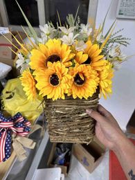 Fleurs décoratives printemps jaune clair tournesol fleur panier guirlande porte suspendus décoration de la maison et été automne avant cintre