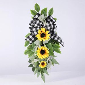 Fleurs décoratives printemps été noir et blanc check arc couronne de tournesol couronne de bienvenue carte de bienvenue décoration de porte cadeau