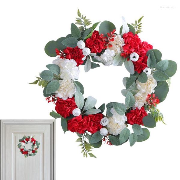 Flores decorativas primavera verano puerta corona falso hecho a mano rojo y blanco Hortensia guirnalda para fiesta boda decoración telón de fondo