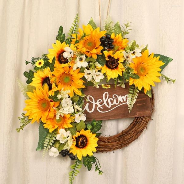 Flores decorativas Spring Summer Summer Decoración del hogar Corona de girasol artificial con letrero de bienvenida de madera Hojas verdes para la granja