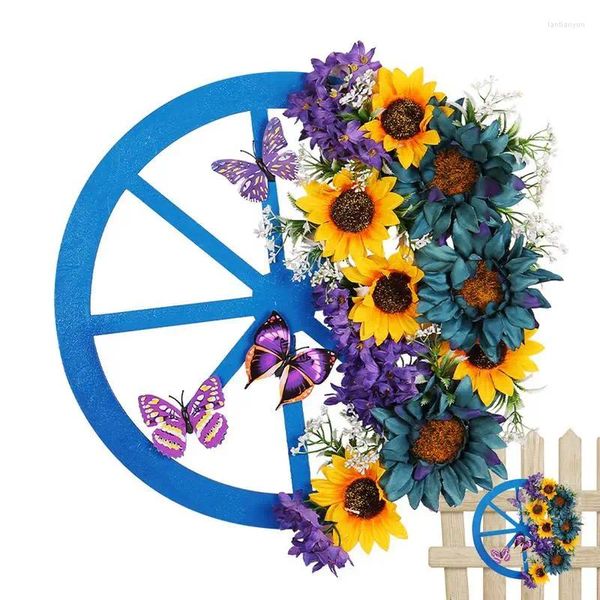 Flores decorativas Spring Spring Sunflower Wreath Decoración de la puerta delantera Coronas con rueda azul Decoración del hogar Garland para interiores o al aire libre