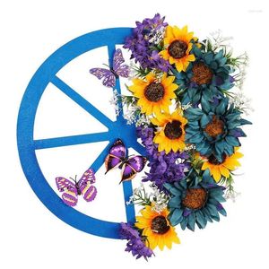 Fleurs décoratives couronne de printemps 15,7 pouces Fleur de roue bleue Porte de guirlande avec tournesols papillons