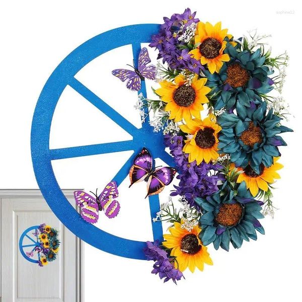 Flores decorativas coronas de primavera puerta azul en forma de rueda artificial con mariposas de girasoles para al aire libre
