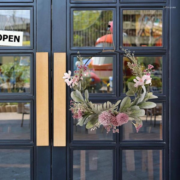 Flores decorativas Guirnalda de primavera Colgador de puerta Rosa Púrpura Orquídea Crisantemo Diente de león Metal Floral Aro Guirnalda Decoración de mesa para el hogar