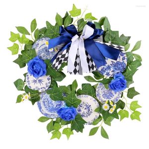 Fleurs décoratives couronne de printemps pour porte d'entrée artificielle d'été bleu et blanc guirlandes couronnes couronnes ou tentures murales