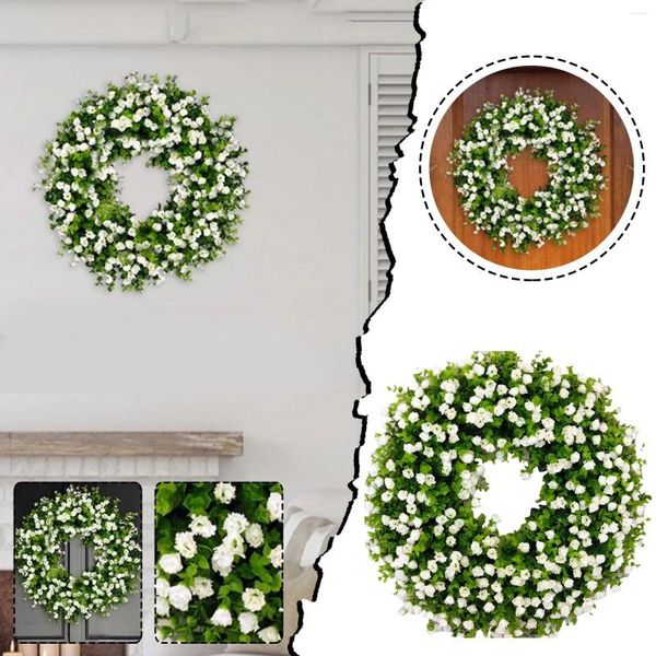 Couronne de fleurs décoratives pour porte d'entrée, Pâques, été, petite guirlande de fleurs vertes colorées, batterie de bienvenue, noël avec minuterie