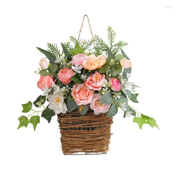 Flores decorativas, corona de primavera, cesta para puerta delantera, señal de bienvenida, decoración del hogar para bodas
