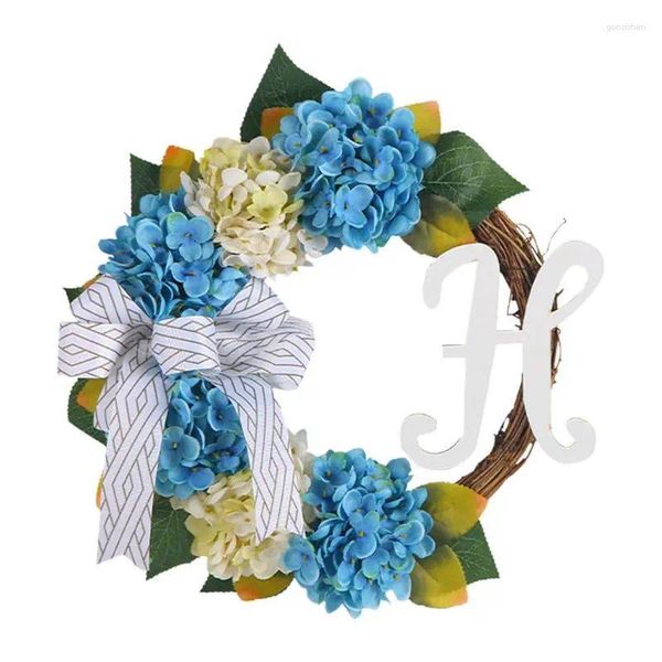 Couronne de fleurs décoratives, hortensias de printemps, bleu et blanc, pour porte d'entrée, porche, hortensia artificielle avec