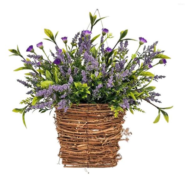 Flores decorativas corona de primavera lavanda púrpura decoración del hogar puerta delantera luces navideñas con pilas