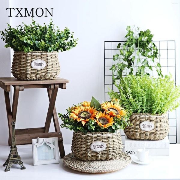 Fleurs décoratives Paille de saule Willow Wicker Handicraft Creative Flowerpot Flower Arrangement Flower Panier de tournesol