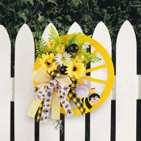 Flores decorativas Summer Sunflower Wreath Bee Bee Puerta delantera de la frontera Flor amarilla colgante de colgantes Casa Decoración de guirnaldas