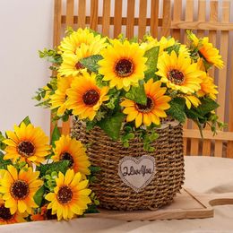 Flores decorativas girassol buquê artificial amarelo falso para decoração de casamento suprimentos decoração do quarto decorações para casa