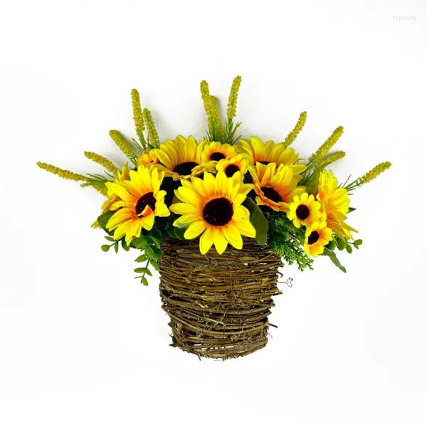 Flores decorativas Cesta de girasol Corona de flores de temporada Vid simulada Decoración de puerta azul Venta