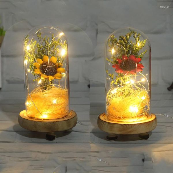 Flores decorativas ramo de girasol seco en cúpula de cristal con Base paisaje luz cálida lámpara de noche de noche para el Día de San Valentín
