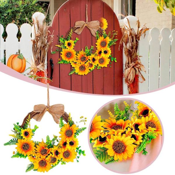 Flores decorativas, corona de girasol, Festival de abejas, decoración de puerta, colgante de etiqueta para exteriores de medio círculo