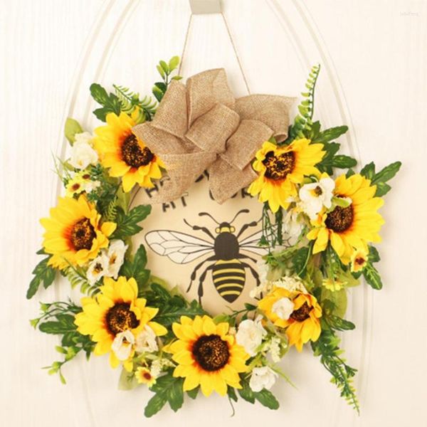 Fleurs décoratives couronne de tournesol exquise feuille verte couleur vive porte d'entrée suspendu abeille pendentif décor de fête