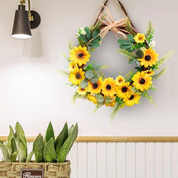 Couronne de tournesol/guirlande de fleurs décoratives, guirlande jaune artificielle de Style ferme avec feuilles vertes