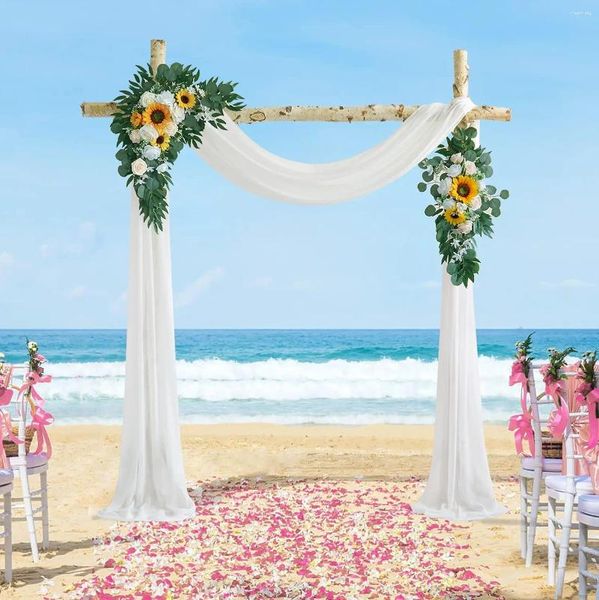 Kit de arco de boda artificial con flores decorativas, girasoles (paquete de 3) con arcos de tela drapeada blanca brillante de 26 pies