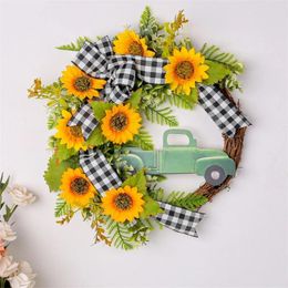 Fleurs décoratives Couronnes de tournesols avec camion pour porte d'entrée Ferme de printemps artificielle Décorations de mariage de jardin extérieur