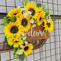 Decoratieve bloemen zonnebloemen krans met welkom kunstmatige lente voordeur voor buitentuin bruiloftsfeestdecoraties