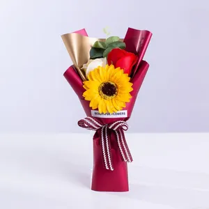 Fleurs décoratives Super belles 3 roses, Bouquet de savon, fleur de soleil, œillet, coffret cadeau pour la saint-valentin, 38 activités, petites