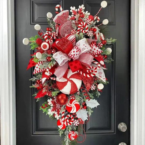 Guirlande de fleurs décoratives, couronne de noël douce, nœud de canne à bonbons, ornement de porte d'entrée de noël, décoration murale suspendue pour la maison