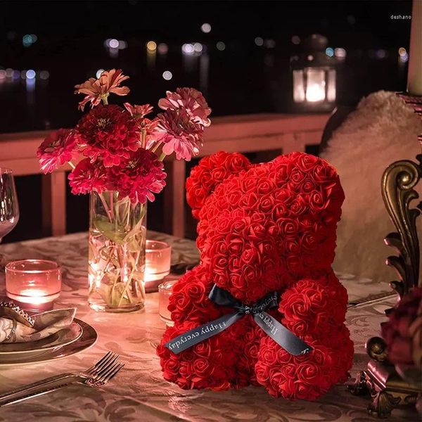 Flores decorativas Teddy Rose Bear 25cm Artificial With Box Light Mom Girlfriend Anniversary Anniversary Cumpleaños de San Valentín Regalo