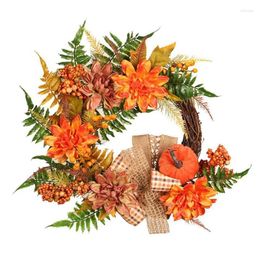 Fleurs décoratives – Couronne de porte pour Thanksgiving, fleurs artificielles en soie, baies de citrouille, guirlande artificielle en tissu rotin, décoration de la maison