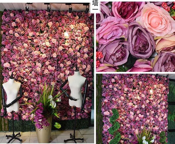 Fleurs Décoratives TONGFENG Violet Rose Soie Artificielle Rose Pivoine 3D Fleur Panneaux Muraux Toile De Fond Coureur Décoration De Scène De Mariage Avec Vert