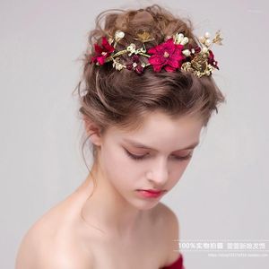 Flores decorativas, accesorios tradicionales chinos para el cabello de boda, peines nupciales con diamantes de imitación de cristal rojo Vintage, suministros de Tiaras para novia