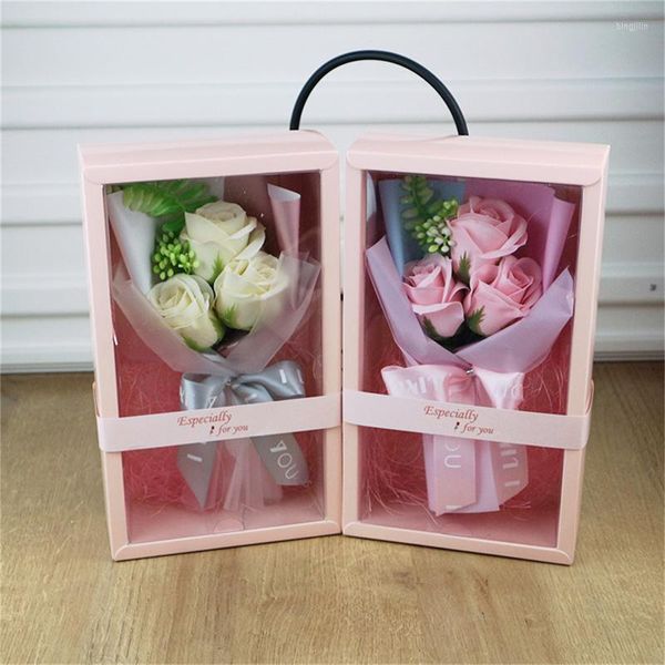 Flores decorativas, caja transparente, regalo de flor de jabón, ramo de rosas artificiales para recuerdo de boda, Día de San Valentín