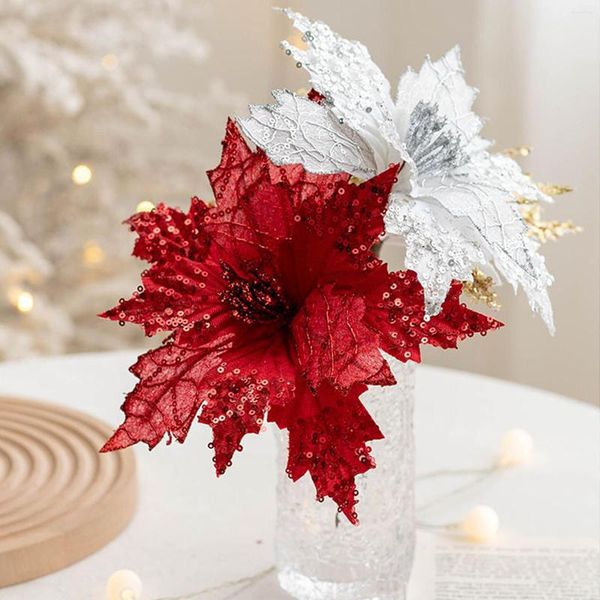 Flores decorativas decoraciones para árboles purpurina Poinsettia champán alambre de hierro franela adorno de fiesta para el hogar Navidad artificial