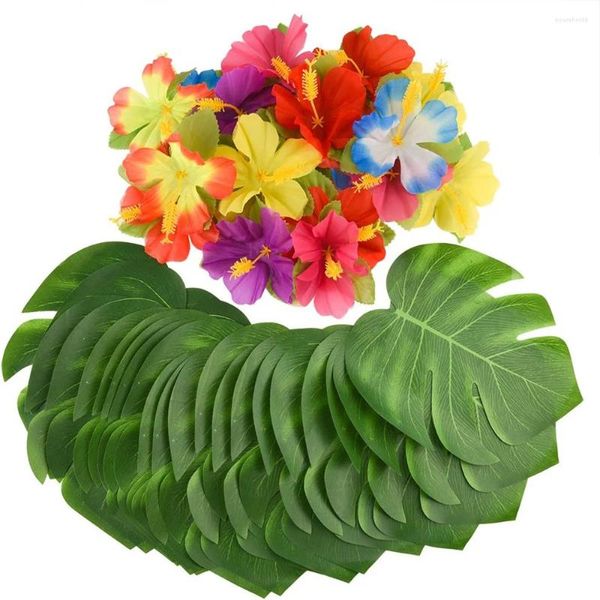 Fleurs décoratives feuilles de palmier Monstera tropicales fleur d'hibiscus fête Luau hawaïenne Jungle plage décoration de Table anniversaire de mariage