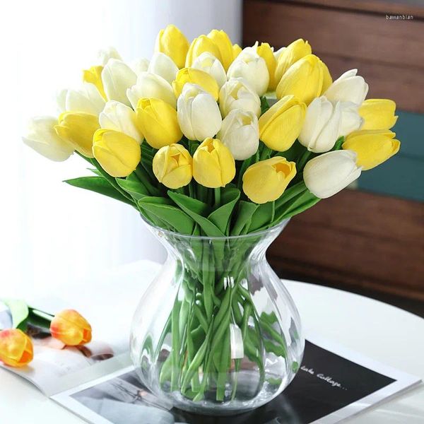 Fleurs décoratives tulipes artificiels rose or blanc pu touche réelle pour la décoration de jardin de maison faux bouquet de latex usage de mariage