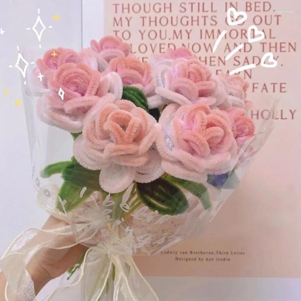 Fleurs décoratives tiges de barre torsadées roses artificielles en peluche bâtons de chenille fil artisanal bouquet de fleurs cadeaux de mariage de la Saint-Valentin