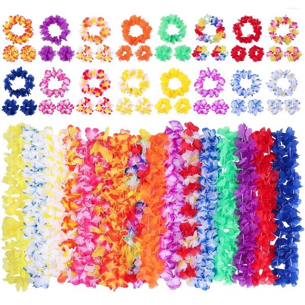 Flores decorativas unomor 64pcs hawaiian sil silk flor leis luau flores flores pulseras para bodas de vacaciones en la playa de la playa